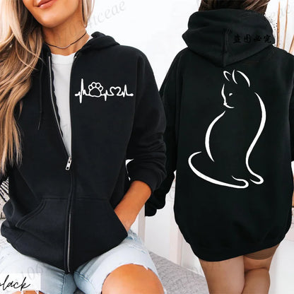 Women Zipper Hoodie Clothes Autumn Winter New Cute Cat Heatbeat Sweatshirt Hip Hop Streetwear Women Zip Up Jacket Coat Clothing