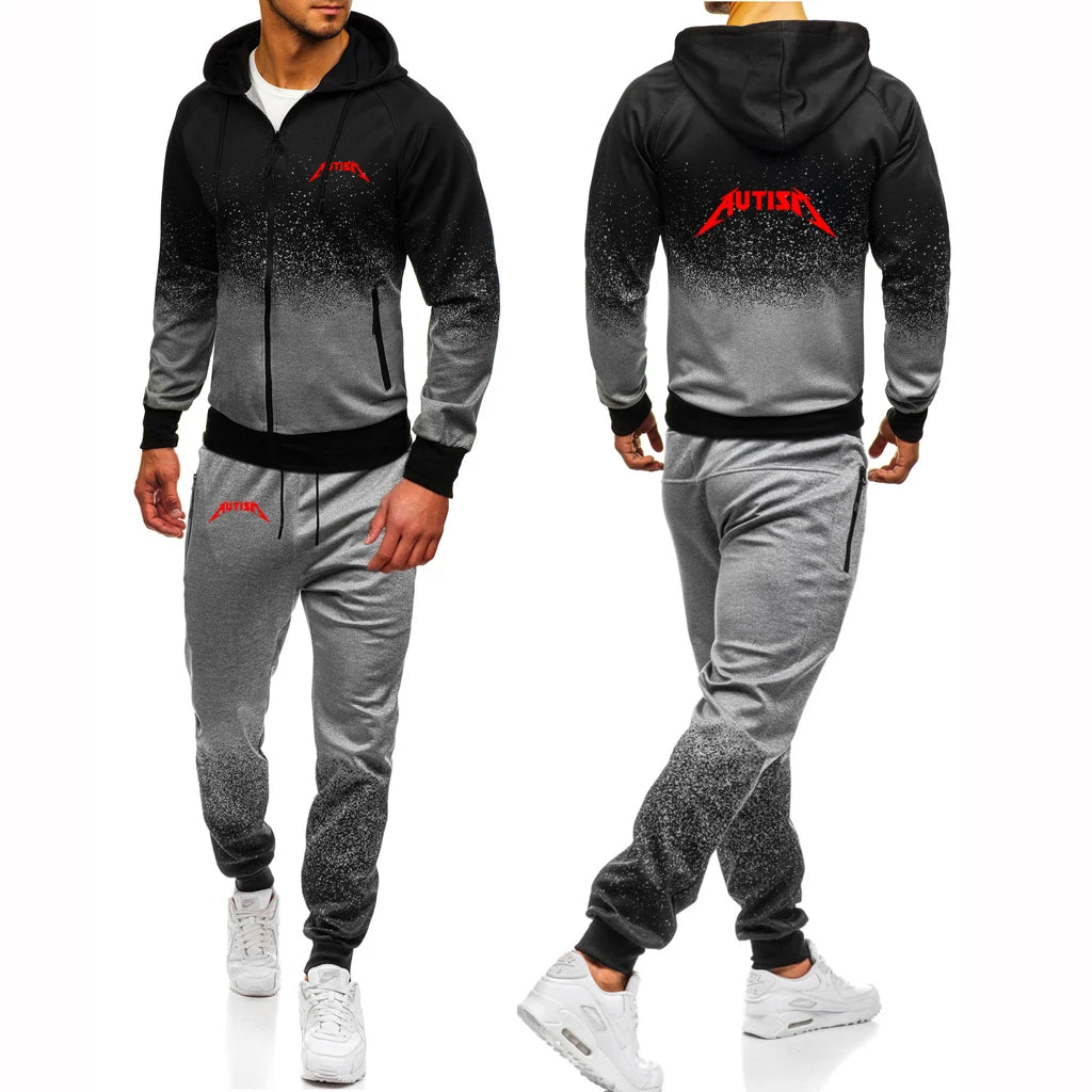 2025 Spring And Autumn Man's Autism Metal Rock Meme Logo Print Loose Leisure Comfortable Zipper Hoodies+Sports Pants Suits