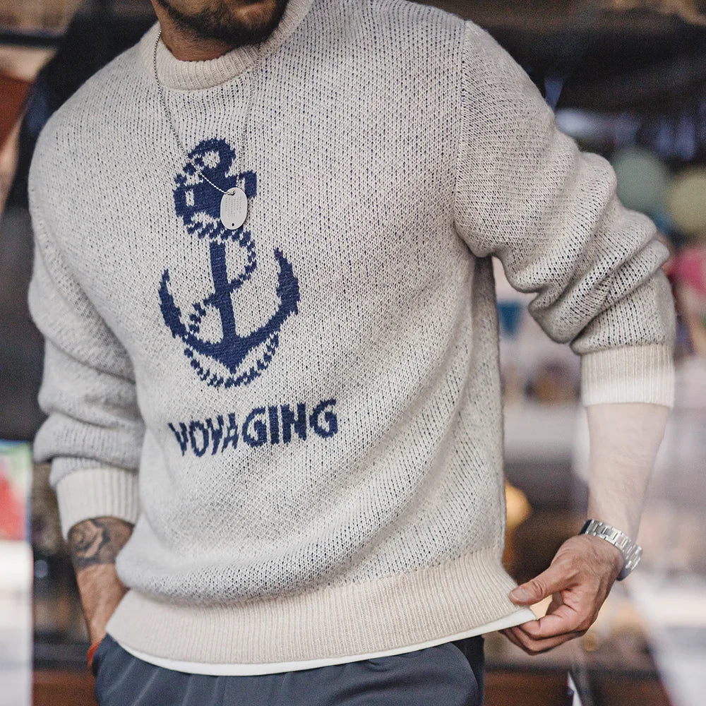 Maden retro gebreide bedrukte trui veelzijdige warm geribbelde ronde nekvulling voor heren herfst en winterbasislaag tops