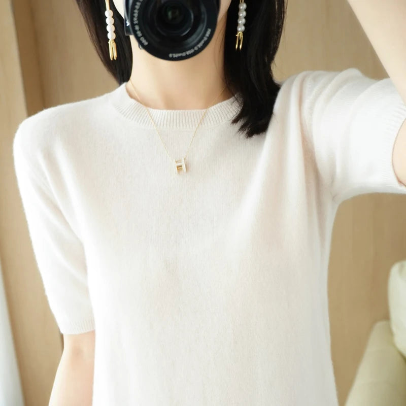 Spring 2022 New Women's O-Neck Short-Sleeved Exquisite Cashmere Sweater Pullover