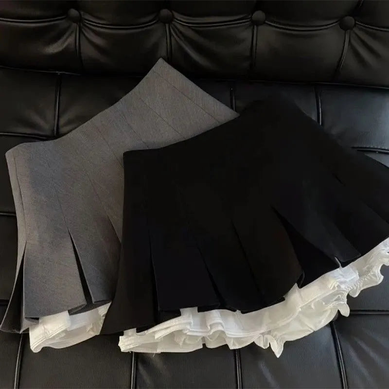 Mooyufon ruffles svart minikjol kvinnor koreanska lapptäcke veckade kjolar japanska kawaii hög midja alla matchar en linjekjol ny