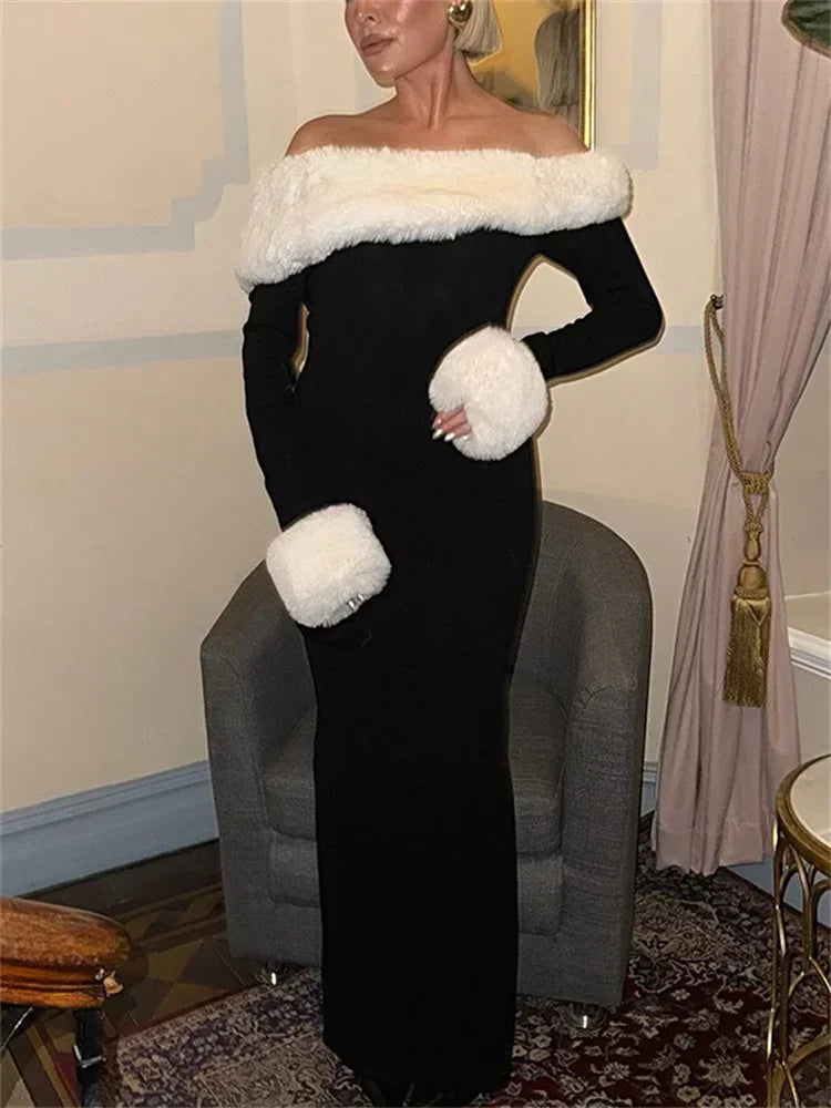Tosy fluffy winter schlank maxi kleid weibliche hohe taille langhülle sexy sexy offschuld patchwork bodycon ladies Party Kleid