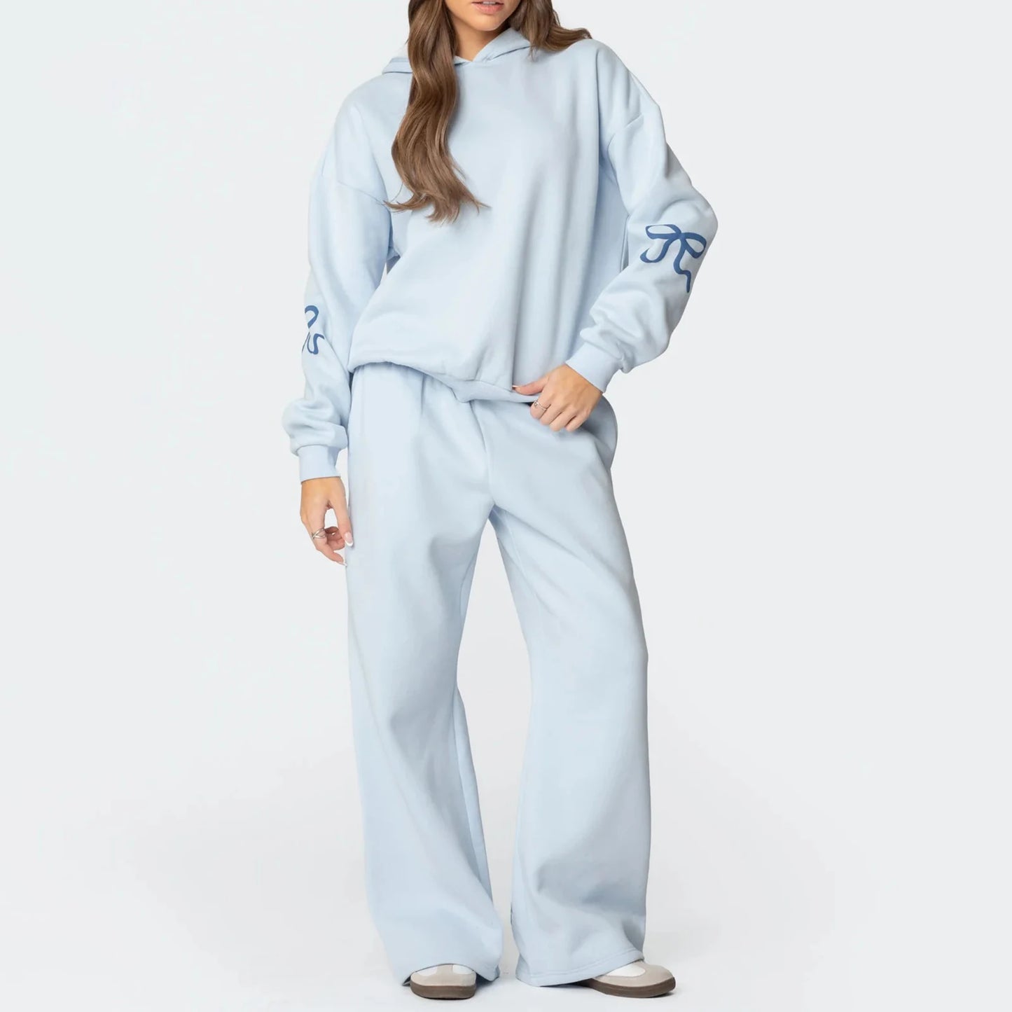 Combhasaki Womens 2Piece Y2K Loose Outfits Set Bow Print Long Sleeve Hooded Pullover Sweatshirts + Elastic Waist Pants Tracksuit