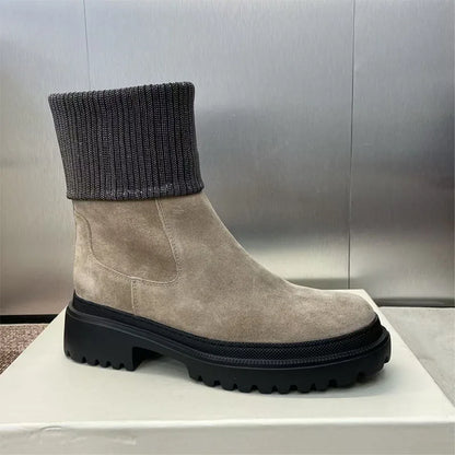 Luxury Quality Short Boots Woman Round Toe Flat Shoes For Women Cow Suede Ankle Boots String Bead Motorcycle Boots Women
