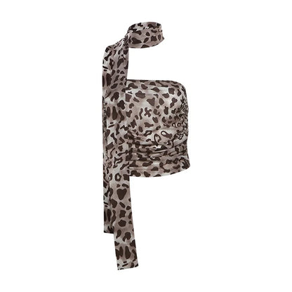 Femei Tulle Leopard Print Top cu Bandeau Off-the-Shoulder, decolteu drept, decolteu de vară, casual pentru bluză de vară