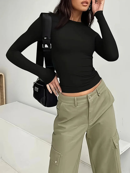Camiciatore di donne casual femmina femmina semplice e alla moda t-shirt a colori solidi con maniche lunghe