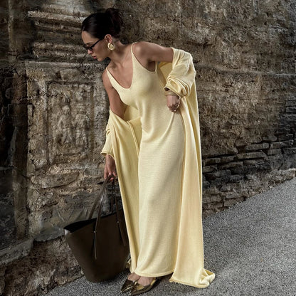 Tuularose žene dugačka haljina 2 komada solidna pletena špageta haljina s dugim rukavima kardigan set casual modne ženke set set