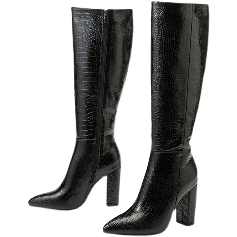 Aneikeh talons pointus épais bottines longues longues en cuir de printemps / automne d'automne en cuir brevet de crocodile