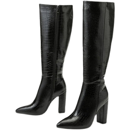 Aneikeh talons pointus épais bottines longues longues en cuir de printemps / automne d'automne en cuir brevet de crocodile