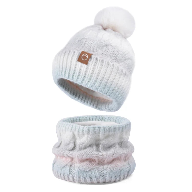 2pc/Set Winter Warm Ear Protecting Knitted Cap Scarf Fleece Thickened Gradient Color Knitted Woolen Cap Pom Ball Pullover Cap