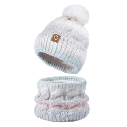 2pc/Set Winter Warm Ear Protecting Knitted Cap Scarf Fleece Thickened Gradient Color Knitted Woolen Cap Pom Ball Pullover Cap
