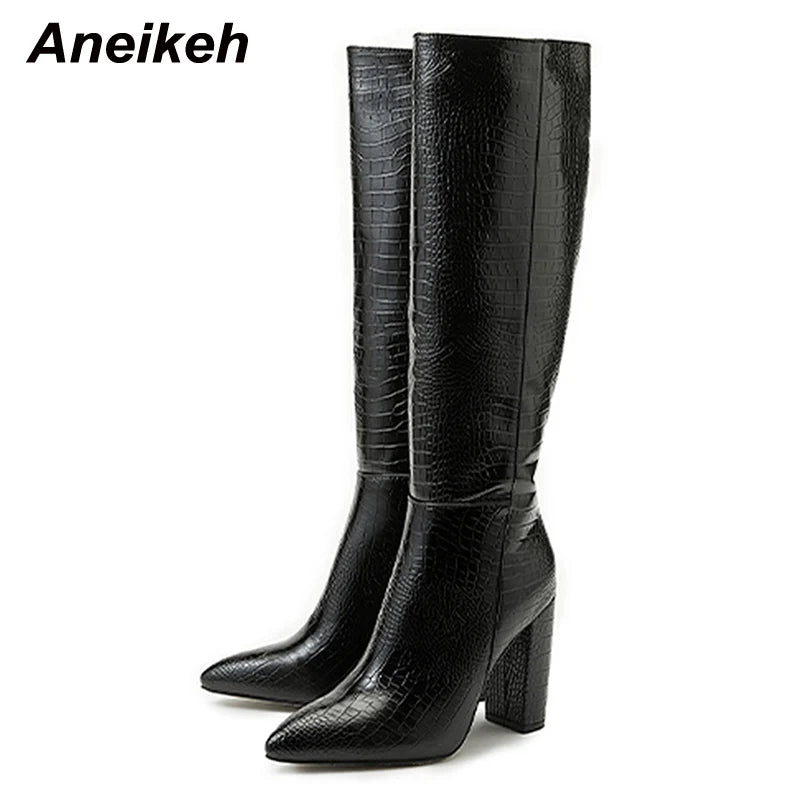 Aneikeh talons pointus épais bottines longues longues en cuir de printemps / automne d'automne en cuir brevet de crocodile