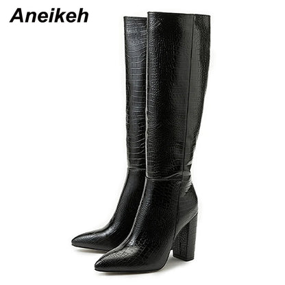 Aneikeh talons pointus épais bottines longues longues en cuir de printemps / automne d'automne en cuir brevet de crocodile