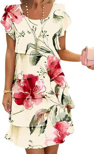 2025 Spring Chic Floral Print Chiffon Dress Woman Elegant Crew Neck Tierred Pleated Dress Summer Short Sleeve A-Line Party Dress