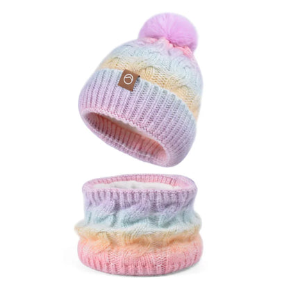 2pc/Set Winter Warm Ear Protecting Knitted Cap Scarf Fleece Thickened Gradient Color Knitted Woolen Cap Pom Ball Pullover Cap