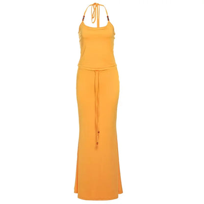 Sisterlinda Simple Summer Matching In Sets Classic Solid Bandage Halter Backless Tanks+Maxi Skirts Female Basic High Street Suit