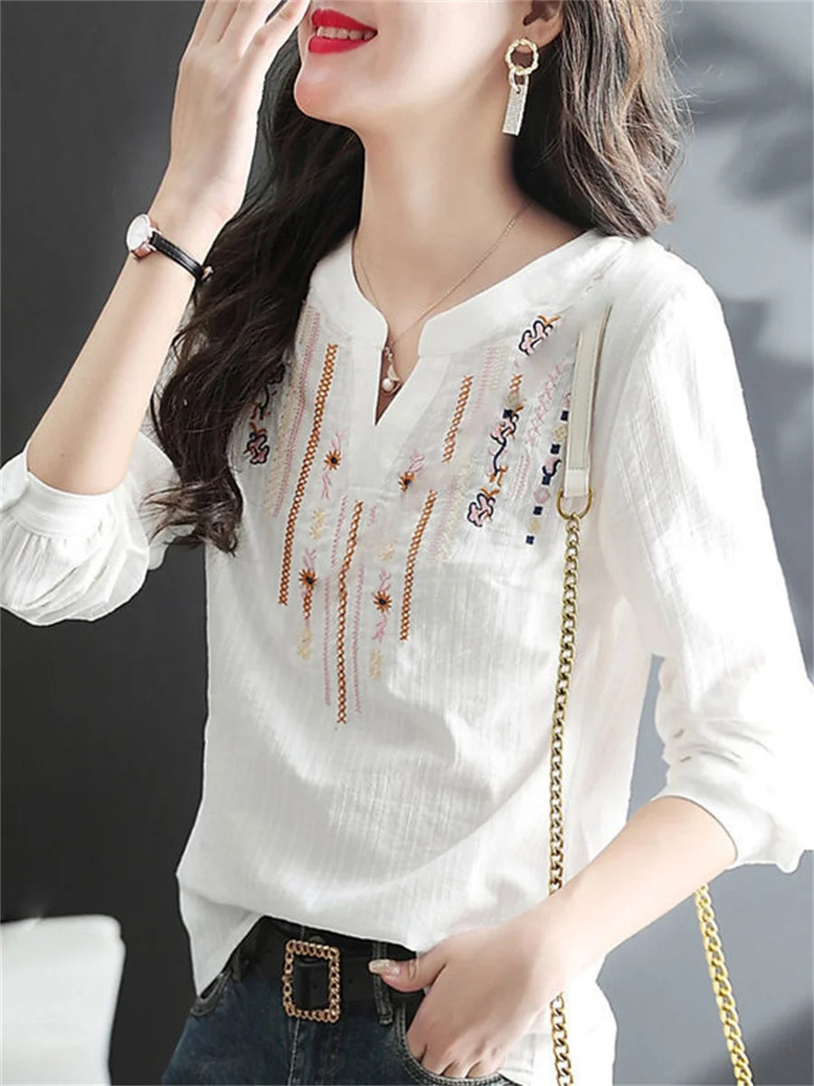 Donne Spring Autumn White Bluse Tops Lady Casual ricamo a v-scollo a v-scollo a maniche lunghe blusas sciolte top top df4272