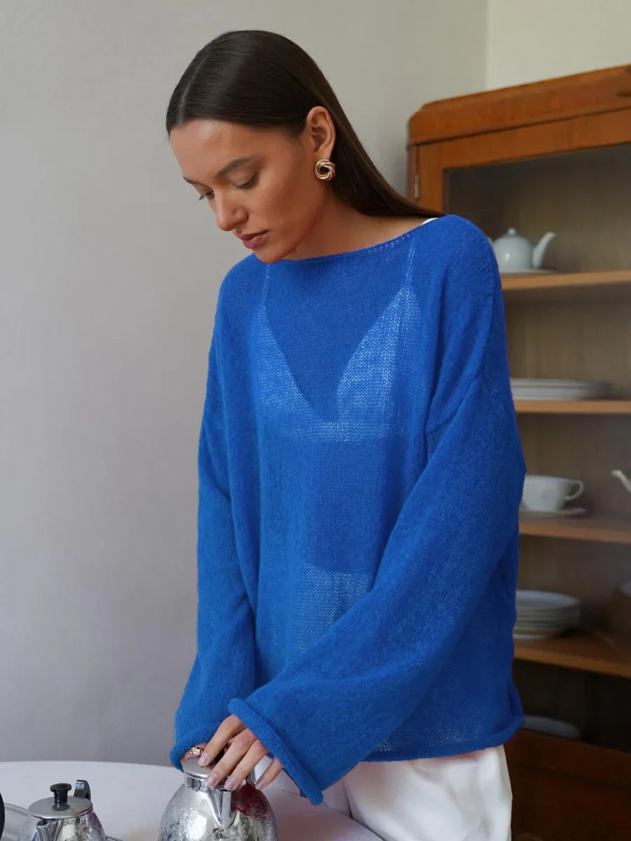 Talenza Hollow Knitted Sweater Pullover Women's Solid See-through O-Neck Long Sleeve Knitted T-Shirt Loose Casual Pullover 2025