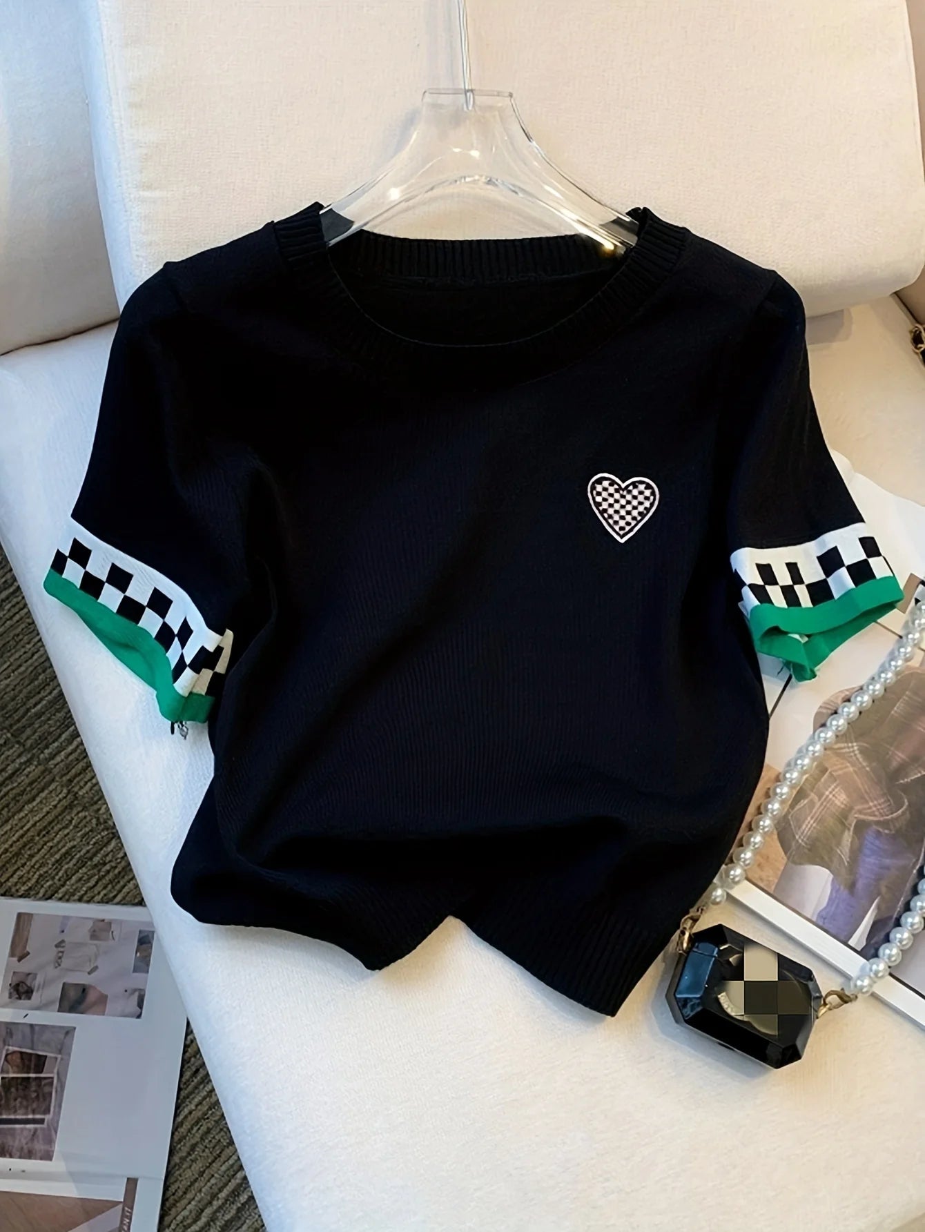 Nyt sommerhjerte mønster ribbed pullover sweater afslappet kontrast trim besætning hals kortærmet sweater kvinder tøjafgrøde top