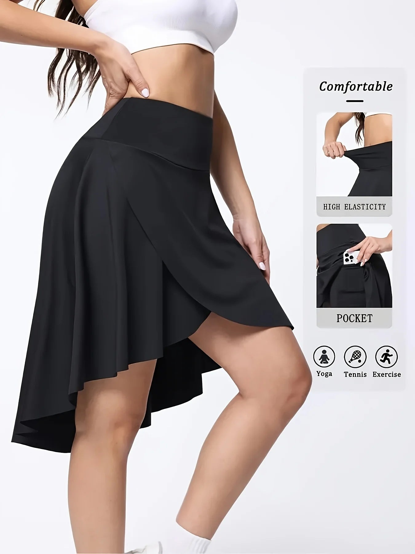 Falda corta de deportes largos de cintura alta para mujeres con pantalones cortos, dobladillo asimétrico, hendidura lateral y bolsillos