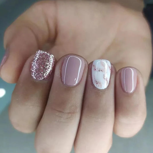 24 PCs Short French Glossy Glitter Nails with 1 Jelly Gel and 1 Nail File