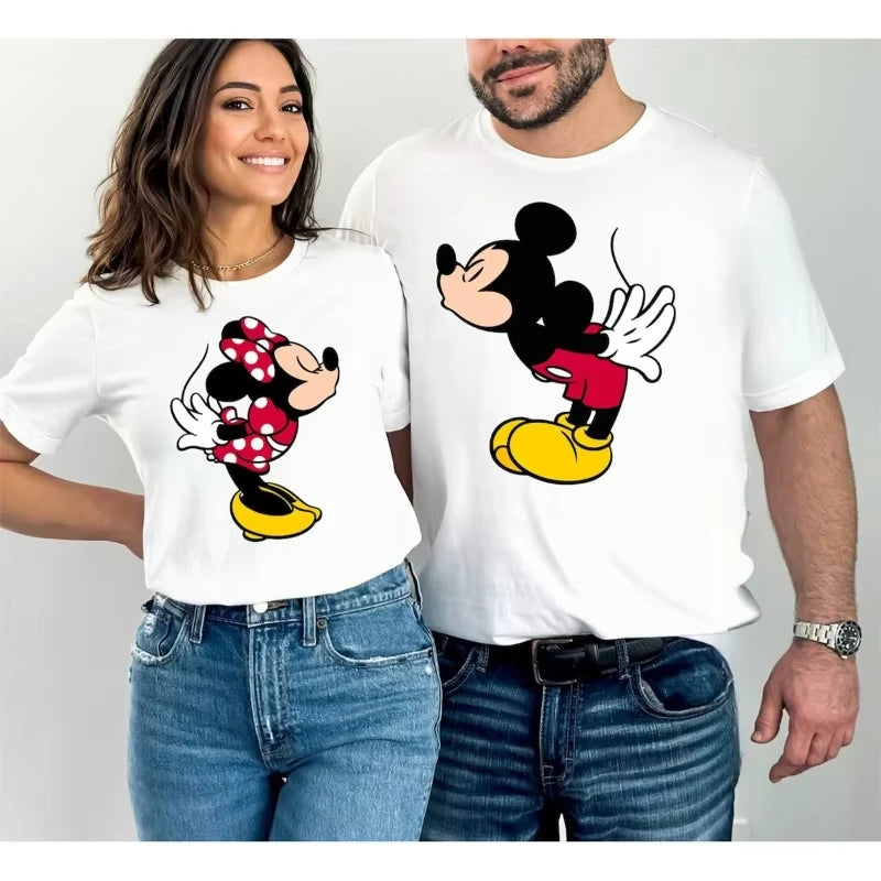 2025 New Disney Mickey and Minnie Printed Cotton T-shirt for Couples, Round Neck Loose Top Valentine's Day Fashion Daily T-shirt