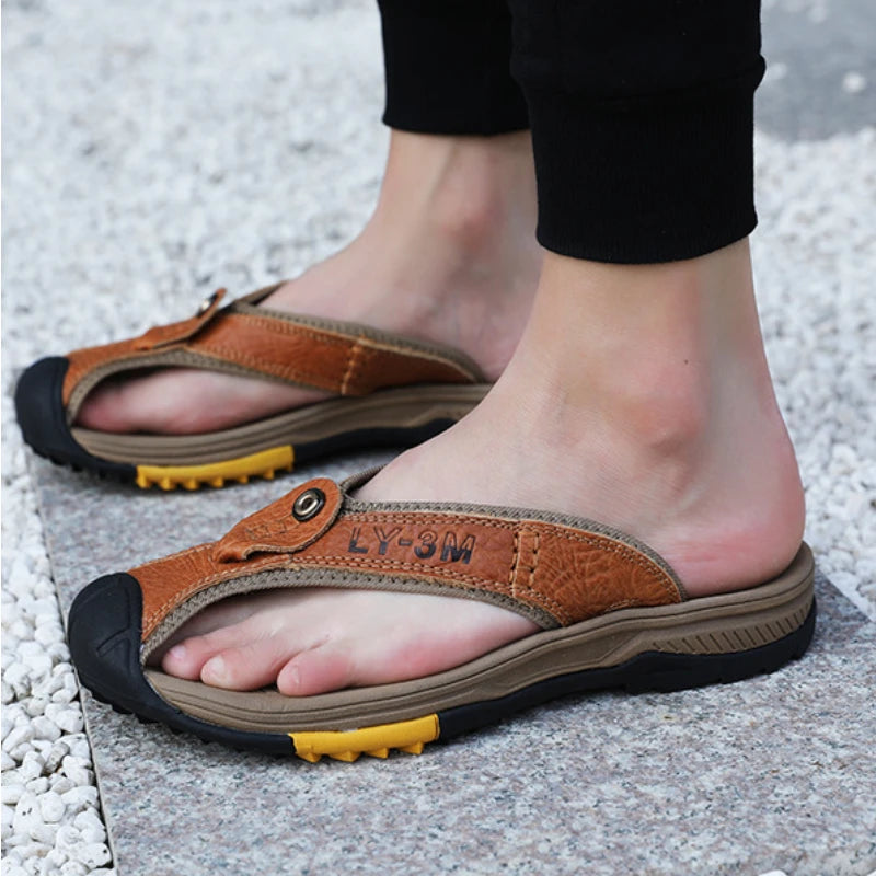 Ósvikinn kú leðurskór karlar sandalar flip flops karlkyns