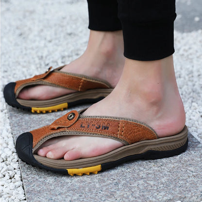 Ósvikinn kú leðurskór karlar sandalar flip flops karlkyns