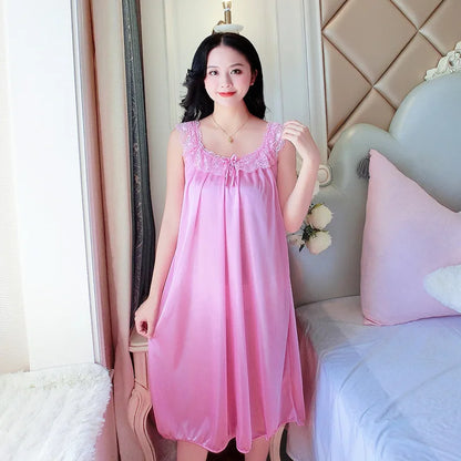 Summer Women Nightgown New Brides Wedding Lace Sexy Ice Silk Nightdress Loose Large Size Simulation Silk Nightgown Home Service