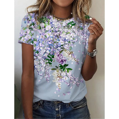 3D Printed Purple Wisteria Flower T Shirt For Women Plants Graphic Short Sleeves Summer Street O-Neck Tees Tops Loose T-Shirts