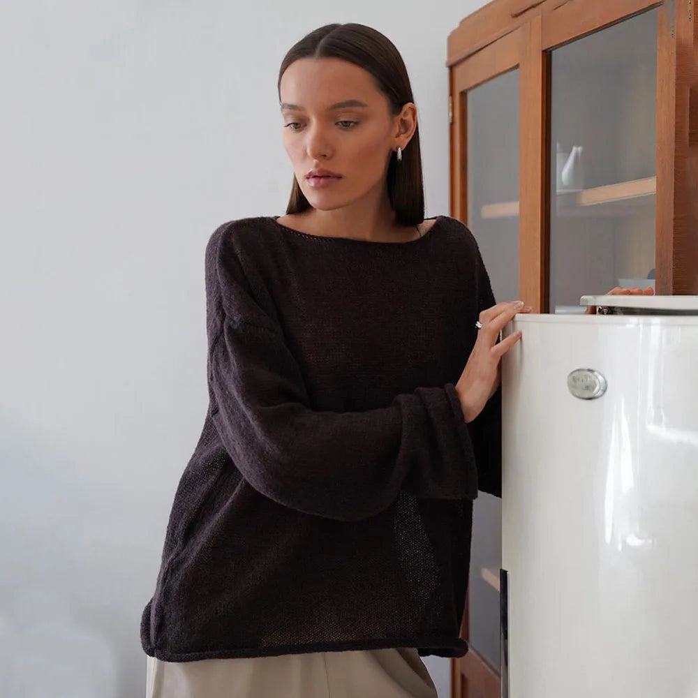 Talenza Hollow Knitted Sweater Pullover Women's Solid See-through O-Neck Long Sleeve Knitted T-Shirt Loose Casual Pullover 2025