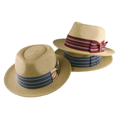 2025 New Fedora Straw pălărie cu o bandă largă cu dungi, pălărie de soare țesută pentru bărbați pentru femei