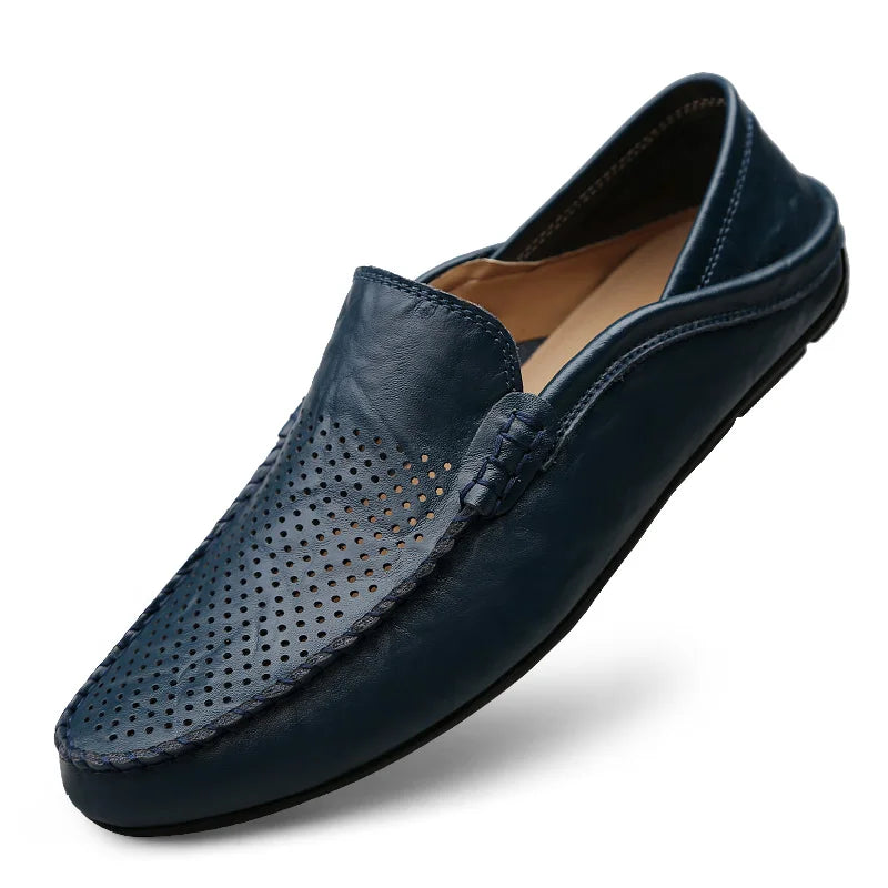 Summer Men Casual Shoes Leather Moccasins Breathable Slip on Boat Shoes Italian Luxury Brand Mens Driving Loafers Size 37-47