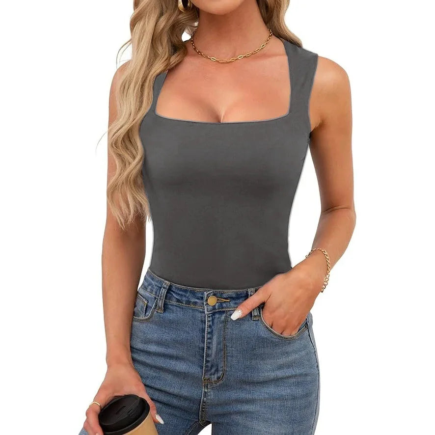 Kynþokkafull slimming t-shirts fyrir konur tísku ferningur háls ermalaus toppar harajuku skriðdreka kona föt frjálslegur toppur teigur götufatnaður