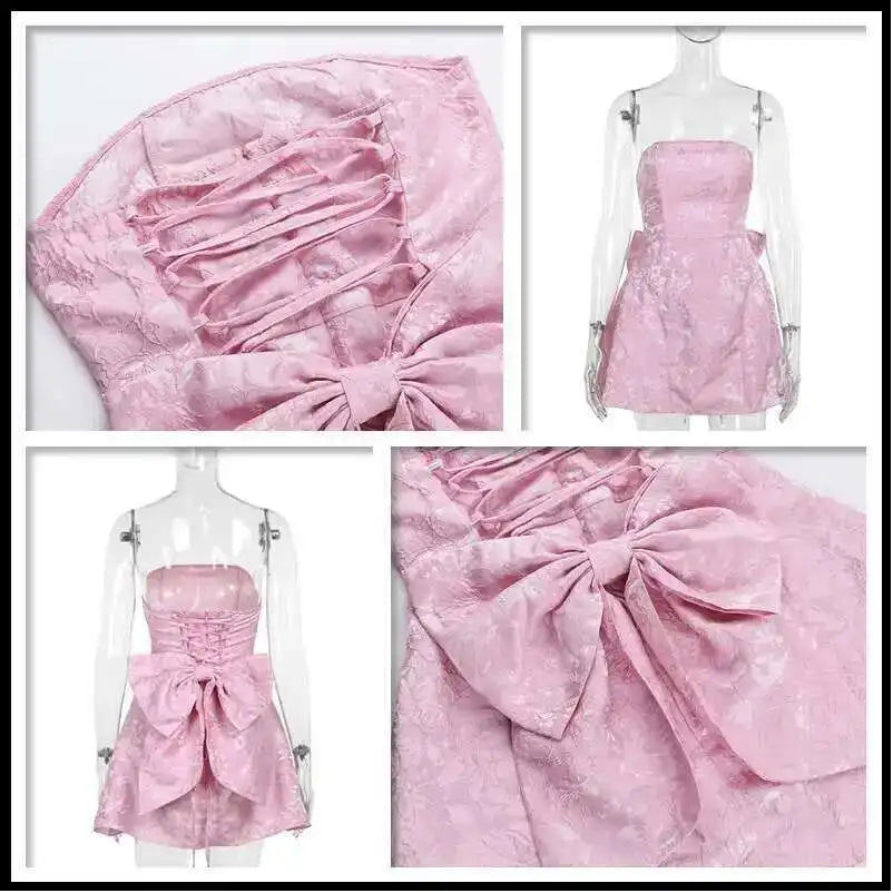 Townlike Jacquard Waist Wrap A-line Dress Women Mini 2024 Spring Summer Dress Elegant Bow Backless Sexy Party Dresses