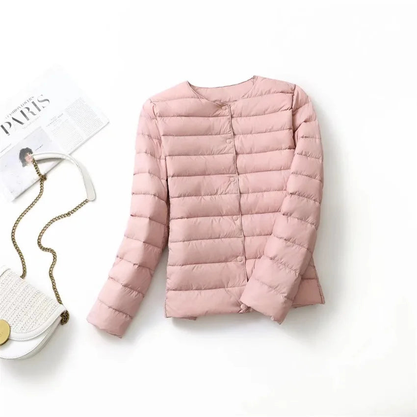 2024 Fall Spring Autume Collarless Light Quilted Puffer Coat New Women Liner Duck Down Jacket O-neck Variable V-neck Female