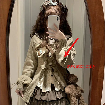 Doce Lolita Cardigans Mulheres Y2K Sweater Hollow Out suéter de bandagem Kawaii Pocket Pocket 2025 Japonês Casual Streetwear Tops JK Tops