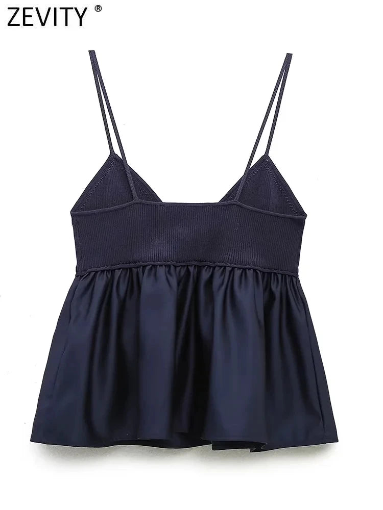 Zevity Women Sexy V Neck Strik patchwork Hem Pleats Sling Smock Blouse Kvindelig skjorte Blusas Chic Tops LS3689