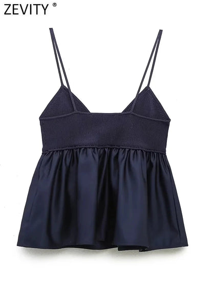 Zevity Women Sexy V Neck Strik patchwork Hem Pleats Sling Smock Blouse Kvindelig skjorte Blusas Chic Tops LS3689