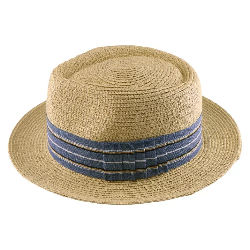 2025 New Fedora Straw pălărie cu o bandă largă cu dungi, pălărie de soare țesută pentru bărbați pentru femei