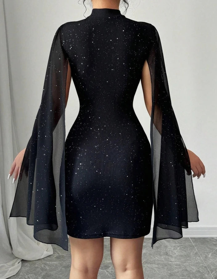 Sexy elegante avondfeestjurken Round Neck Pit Stripe Pearl Chiffon Cape Sleeve Wrapped Hip Dress New Fashion 2025 Casual