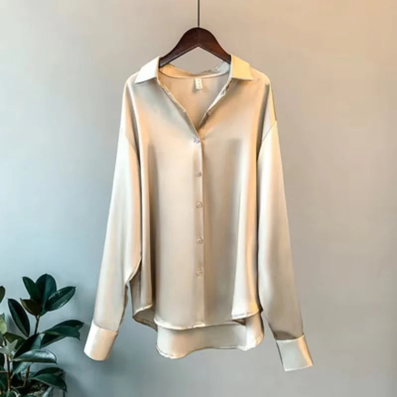 Spring Fashion Button Up Satin Seidenhemd Vintage Bluse Frauen weiße Tops Lady Long Sleeves weibliche losen Straßenhemden 11355
