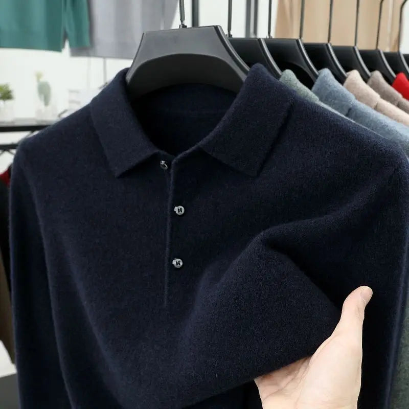 Älykäs rento syksyn talvipaita miehet Solid Lapel Button Simplicity Muoti Ylellinen pitkähihainen pullovers -neulotut topit