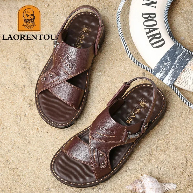 Laorentou lederen mannelijke sandalen casual strandschoenen dragen niet-slip sandalen en sliers koehide