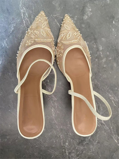 Damen Mesh Floral bestickter Slingback High Heels weibliche offene Ferse Perlen besetzt spitze Zehensandalen sexy Stiletto Lady Mules