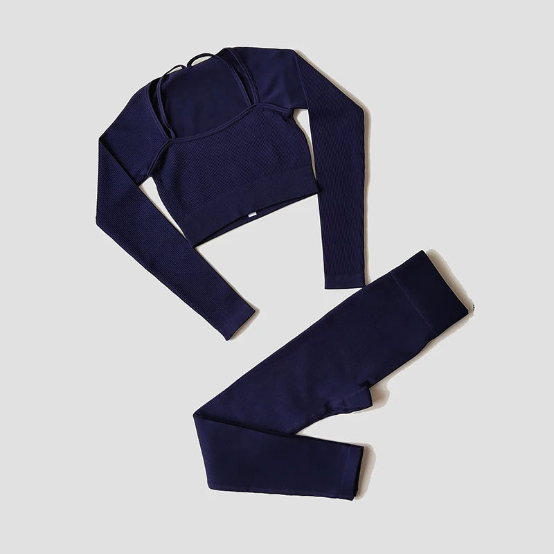 Women Yoga Set Gym Clothing Tracksuit Long Sleeve Crop Top One Shoulder Bra High Waist Seamless Leggings Fitness Sports Suits