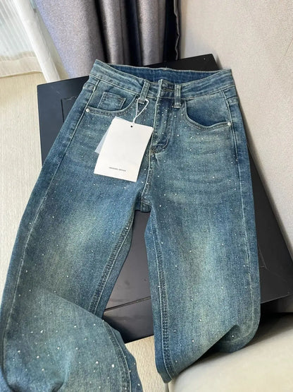 Retro Washed Diamond-encrusted Jeans Women's Spring Design Sense High-waisted Straight-leg Pants Loose Wide-leg Mopping Pants