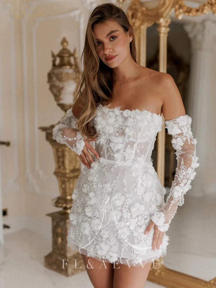 Luksuriøse perler korte brudekjoler Saudi Arabia blonder blomsterapplikasjoner lange ermer brudekjole mini prom party kjole tilpasset