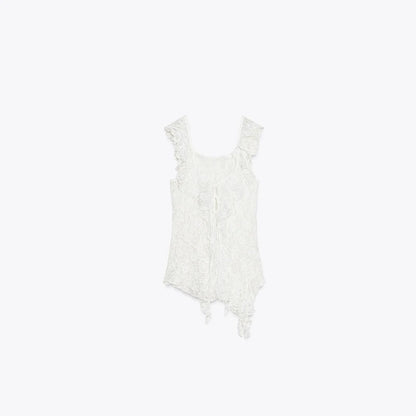 Tyylikäs röyhelöhame pitsi Top Set Naiset Hihaton Hollow Out Vest Cascading Ruffles Pitkät hameet puku 2025 Summer Chic Lady Setes