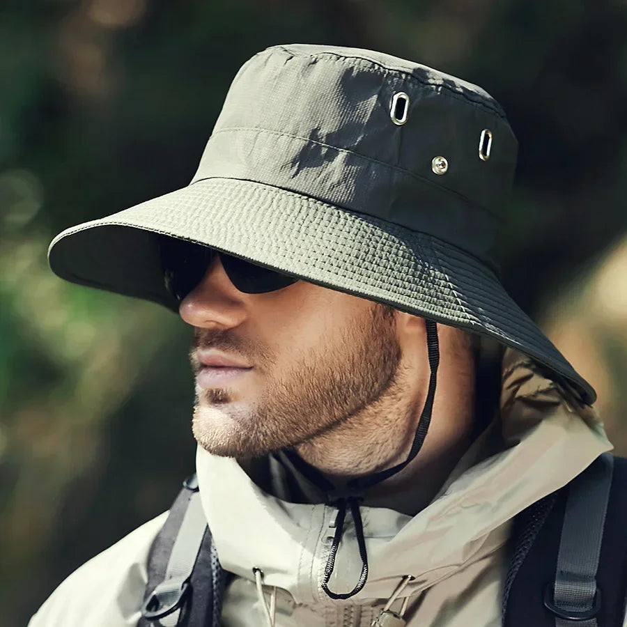 New Men's Wide Brim Sun Sombrera - Sombrero de cubo de safari de protección UV impermeable para pescar escalada escalando al aire libre de gran tamaño